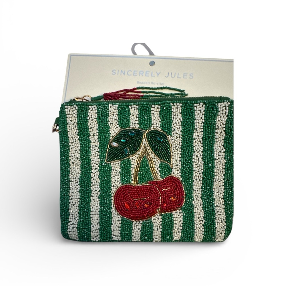 Sincerely Jules Striped Green and White Beaded Wristlet - Picture 2 of 2